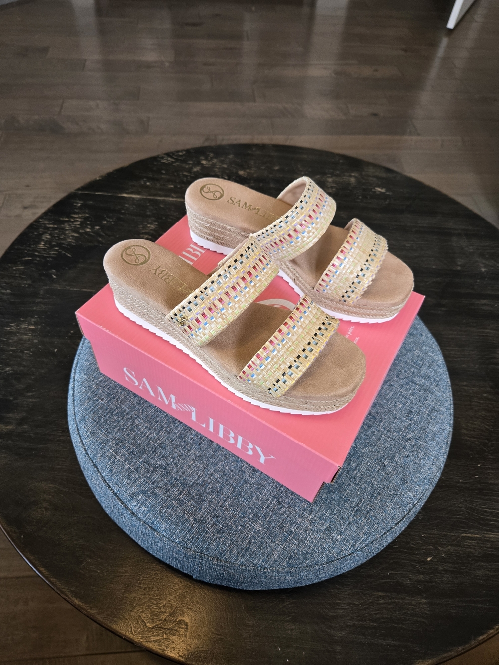 Sam & Libby Rainbow Raffia Wedge Sandals with Multicolor Bead Straps